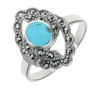 Silver Turquoise And Marcasite Twisted Centre Marquise Ring