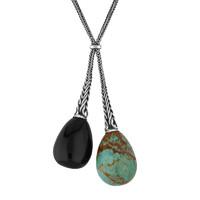 Silver Whitby Jet And Turquoise Tapered Double Dropper Necklace