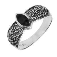 Silver Whitby Jet Marcasite Marquise Beaded Shoulder Ring