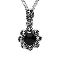 Silver Whitby Jet And Marcasite Rounded Bead Edge Necklace