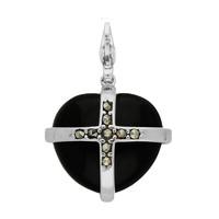 Silver Whitby Jet and Nine Marcasite Medium Cross Heart Charm