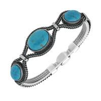 Silver and Turquoise Foxtail Three Stone Oval Bracelet