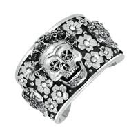 silver day of the dead skull and flowers wide cuff bangle