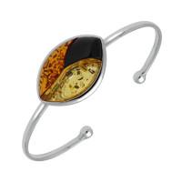 Silver Whitby Jet and Amber Three Stone Marquise Torque Bangle