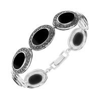 Silver Whitby Jet and Marcasite Framed Oval Bracelet