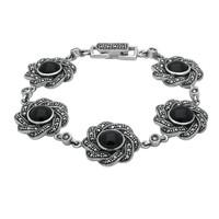 Silver Whitby Jet and Marcasite Twisted Ribbon Edged Round Bracelet