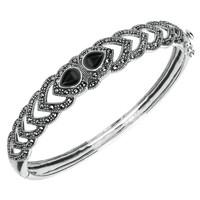 Silver Whitby Jet And Marcasite Two Stone Open Pear Bangle