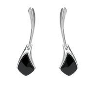 Silver And Whitby Jet Curved Tapered Drop Earrings