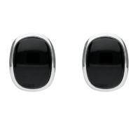 Silver And Whitby Jet Curved Wide Oblong Stud Earrings.