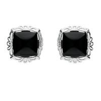 Silver And Whitby Jet Fancy Cushion Stud Earrings