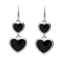 Silver And Whitby Jet Graduated Heart Hook Earrings