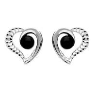 Silver And Whitby Jet Half Ridged Heart Stud Earrings
