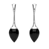 Silver And Whitby Jet Long Flute Pear Drop Earrings