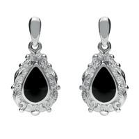 Silver And Whitby Jet Pear Shaped Leaf Drop Earrings