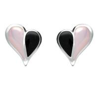 Silver And Whitby Jet Pink Mother Of Pearl Split Heart Stud Earrings