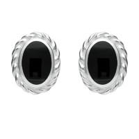 Silver And Whitby Jet Rope Edge Oval Stud Earrings