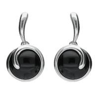 silver and whitby jet round swirl drop earrings