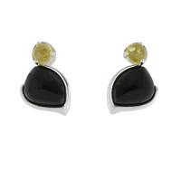 Silver Whitby Jet and Amber Two Stone Pear Drop Stud Earrings
