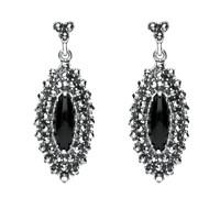 silver whitby jet and marcasite double row drop earrings