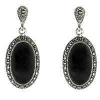 Silver Whitby Jet and Marcasite Oval Star Back Drop Earrings