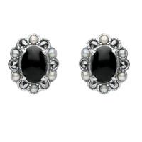Silver Whitby Jet Pearl And Marcasite Oval Beaded Edge Stud Earrings