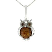 Silver And Amber Cubic Zirconia Medium Owl Necklace