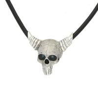 Silver And Leather Horned Skull Necklace