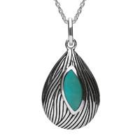 silver and turquoise marquise wave wood effect necklace