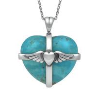 Silver And Turquoise Medium Winged Cross Heart Necklace