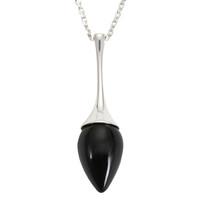 Silver And Whitby Jet Long Flute Pear Stone Necklace