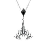 Silver And Whitby Jet Abstract Upside Down Bat Necklace
