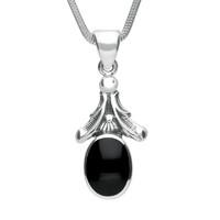 Silver And Whitby Jet Oval Leaf Drop Necklace
