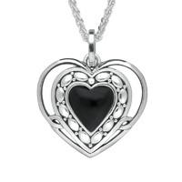 Silver And Whitby Jet Pattern Open Heart Necklace