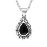 Silver And Whitby Jet Pear Shaped Leaf Drop Necklace