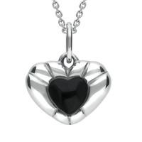 Silver And Whitby Jet Stone in Ridged Heart Necklace