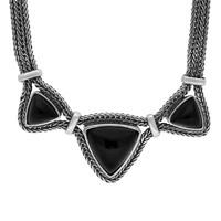 Silver and Whitby Jet Three Stone Triangular Foxtail Necklace