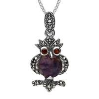 silver blue john marcasite and garnet owl necklace