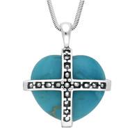 Silver Turquoise And Marcasite Medium Cross Heart Necklace