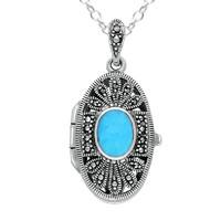 Silver Turquoise And Marcasite Oval Open Pattern Locket
