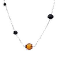 Silver Whitby Jet And Amber Round Stone Necklace