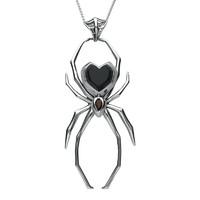 silver whitby jet and garnet 100mm spider web bale pendant