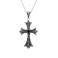 silver whitby jet and marcasite 3 pointed fan cross pendant