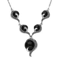 Silver Whitby Jet And Marcasite 5 Stone Swirl Necklace