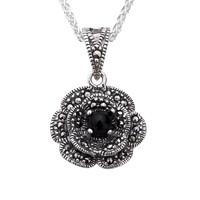 Silver Whitby Jet And Marcasite Flower Necklace