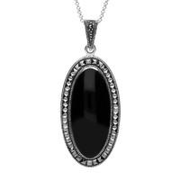Silver Whitby Jet And Marcasite Long Oval Pyramid Bead Edge Necklace