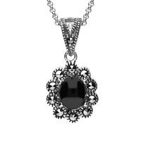 Silver Whitby Jet And Marcasite Oval Beaded Edge Necklace