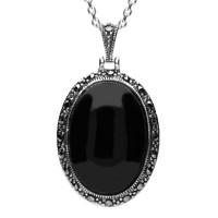 Silver Whitby Jet And Marcasite Oval Star Back Necklace