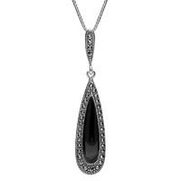 Silver Whitby Jet And Marcasite Pear Drop Necklace