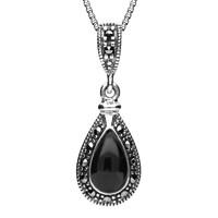 Silver Whitby Jet And Marcasite Small Beaded Edged Teardrop Necklace