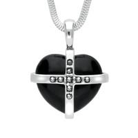 Silver Whitby Jet And Marcasite Small Cross Heart Necklace